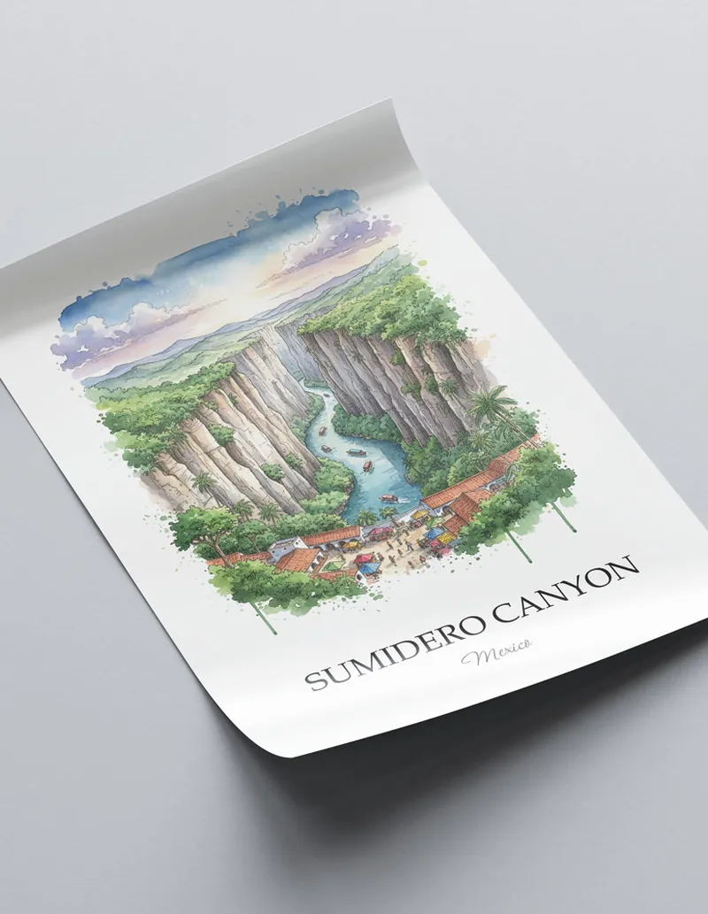 A lovely interior preview showcasing a vintage-vibe travel poster design of the scenic Sumidero Canyon in Mexico.