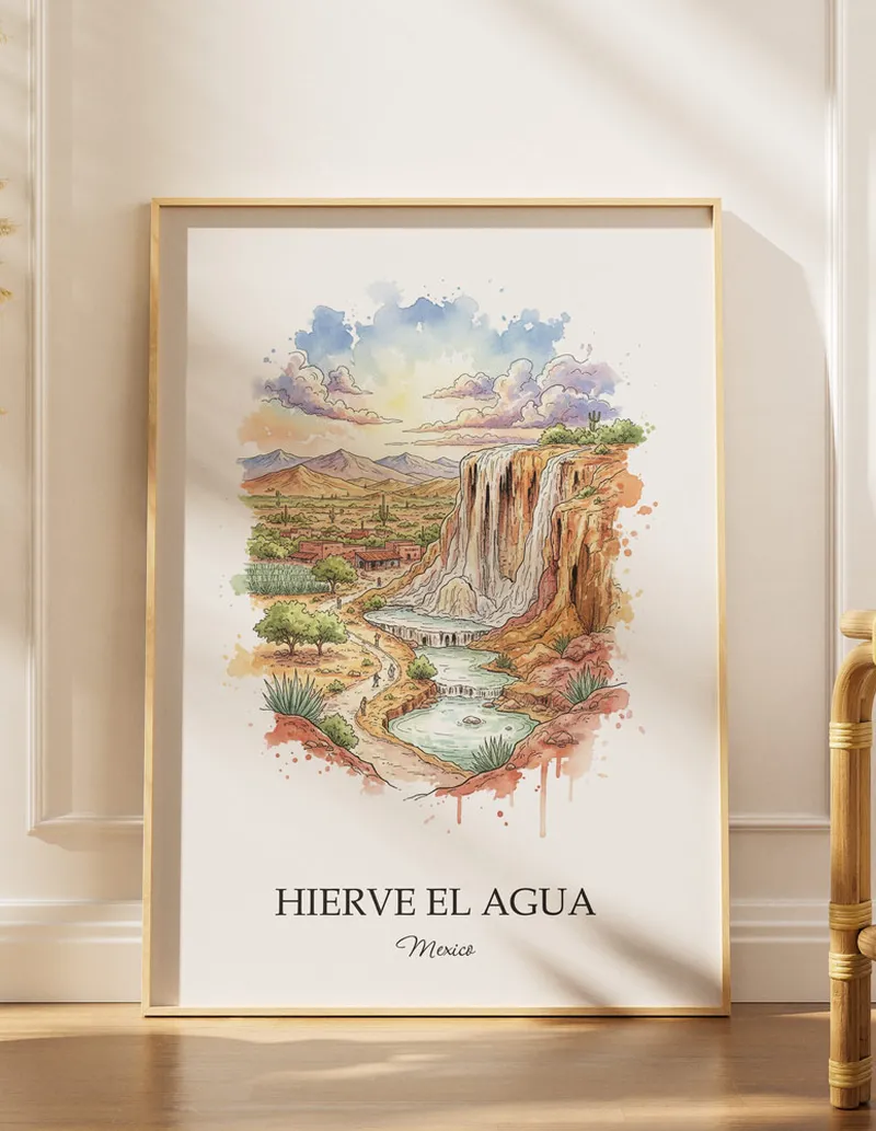 Minimalist poster of Hierve el Agua in Mexico in a light frame standing by a window in a boho style room.
