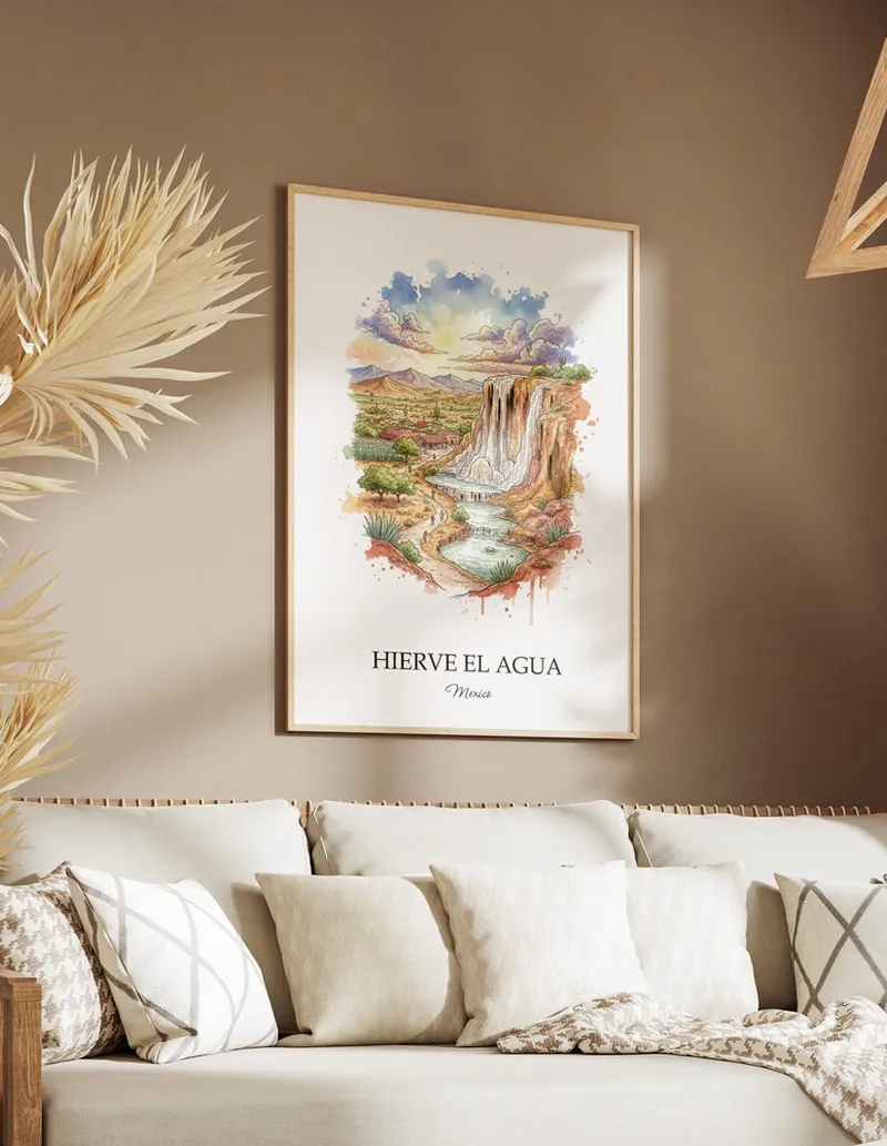 A clean and modern mockup showing a framed Hierve el Agua, Mexico print on a minimalist background.