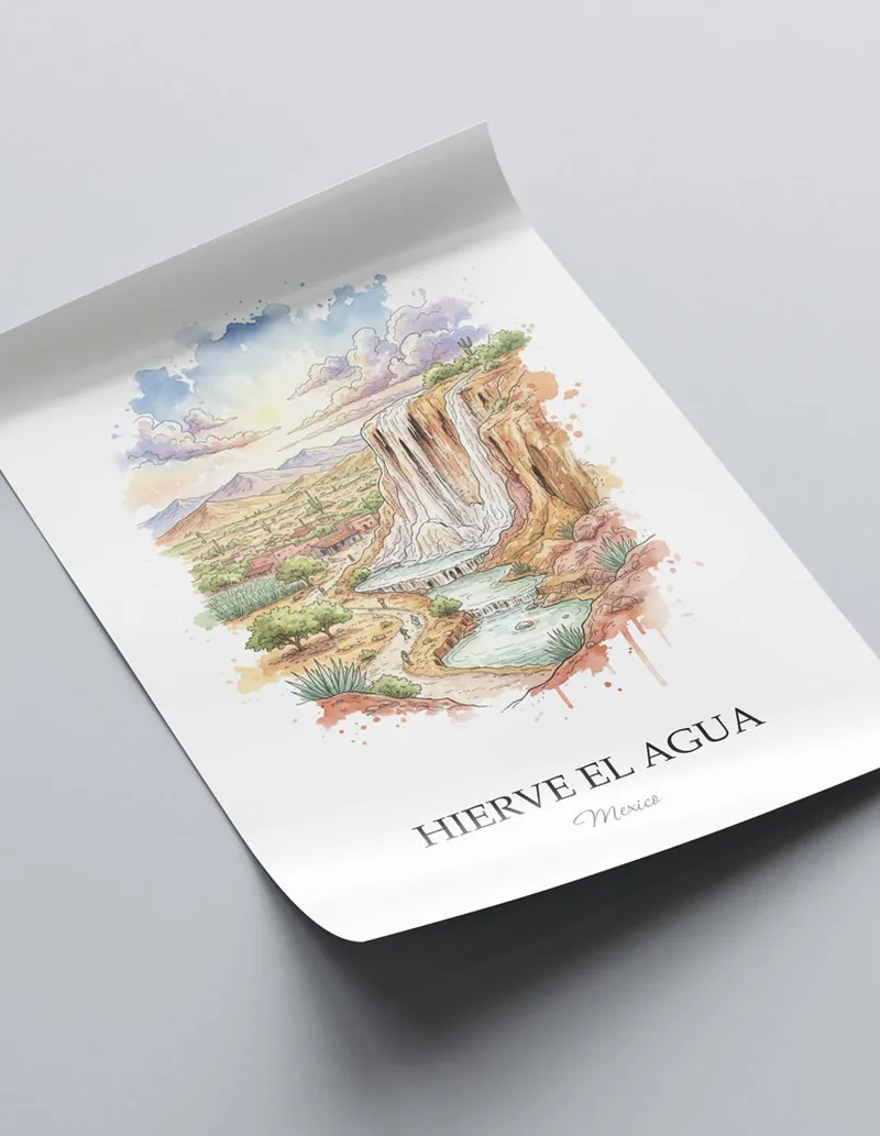A lovely interior preview showcasing a vintage-vibe travel poster design of the scenic Hierve el Agua in Mexico.