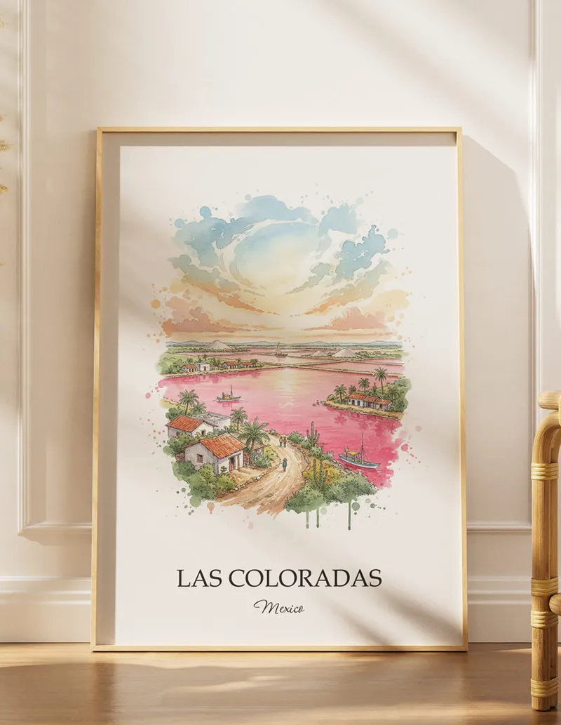 Minimalist poster of Las Coloradas in Mexico in a light frame standing by a window in a boho style room.