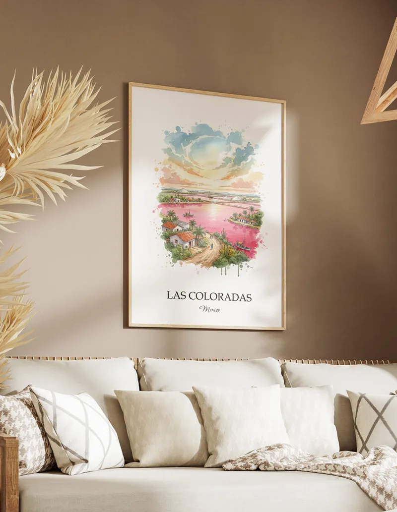 A clean and modern mockup showing a framed Las Coloradas, Mexico print on a minimalist background.