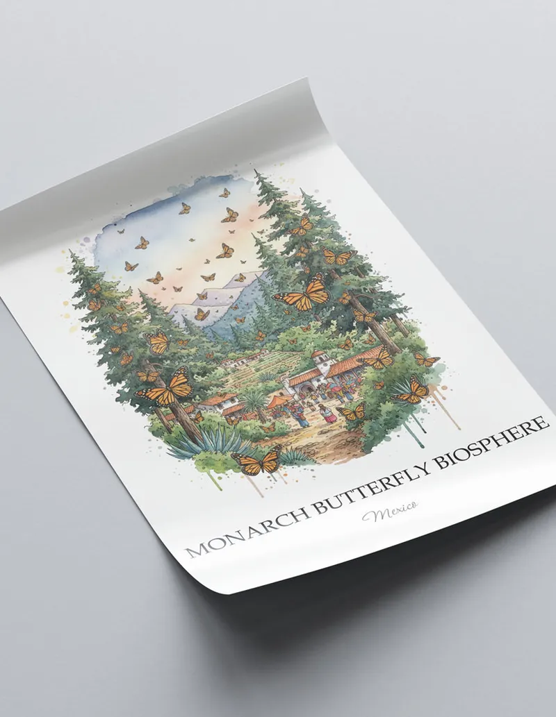 A lovely interior preview showcasing a vintage-vibe travel poster design of the scenic Monarch Butterfly Biosphere in Mexico.