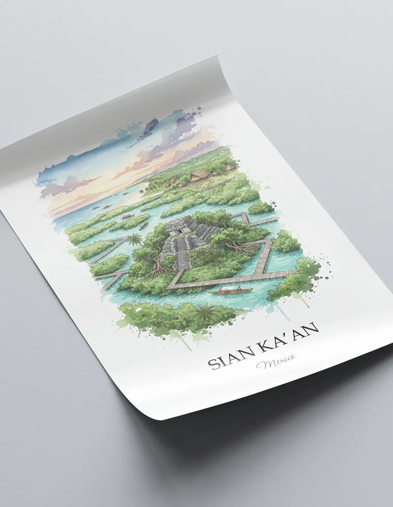 A lovely interior preview showcasing a vintage-vibe travel poster design of the scenic Sian Ka'an in Mexico.