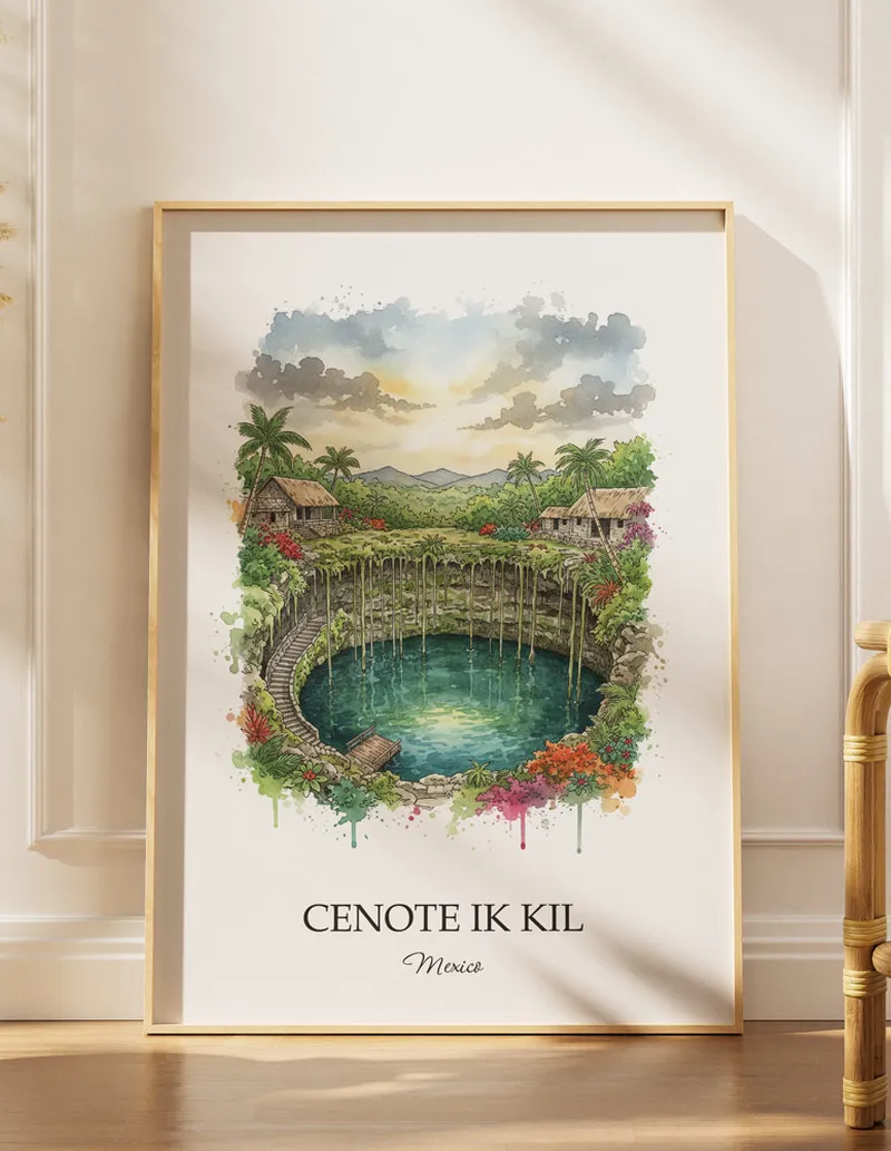 Minimalist poster of Cenote Ik Kil in Mexico in a light frame standing by a window in a boho style room.