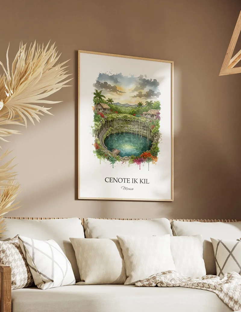 A clean and modern mockup showing a framed Cenote Ik Kil, Mexico print on a minimalist background.