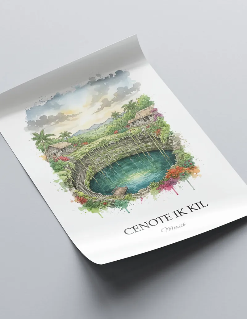 A lovely interior preview showcasing a vintage-vibe travel poster design of the scenic Cenote Ik Kil in Mexico.