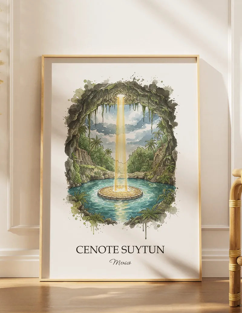 Minimalist poster of Cenote Suytun in Mexico in a light frame standing by a window in a boho style room.