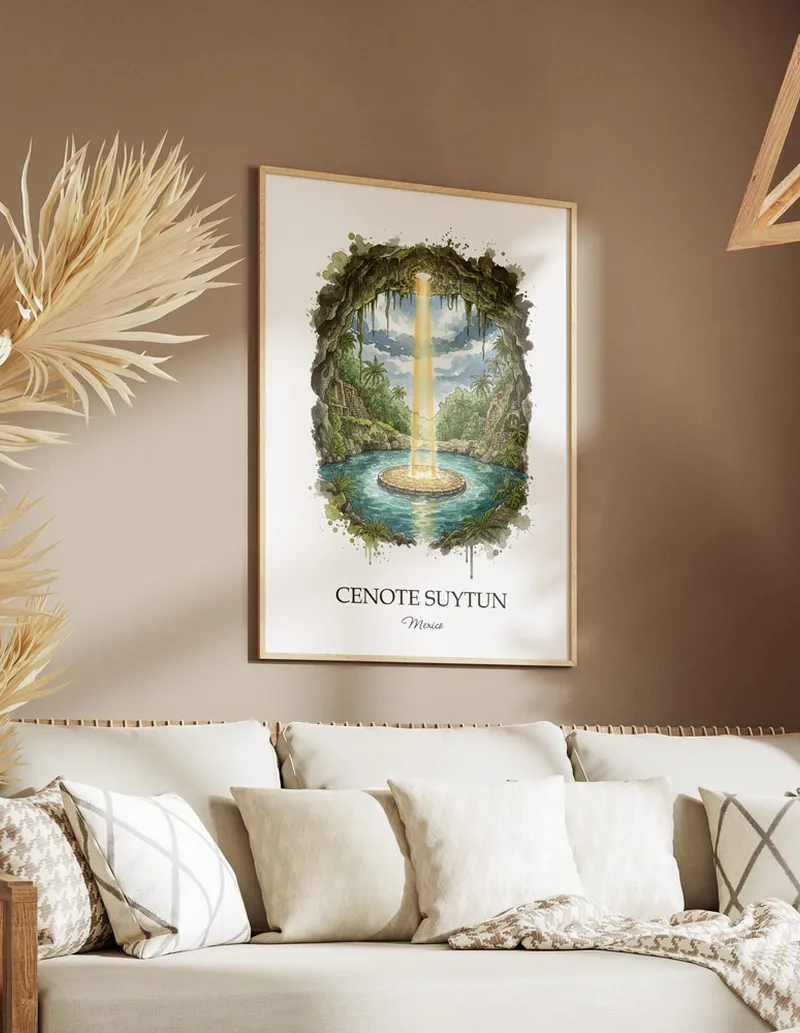 A clean and modern mockup showing a framed Cenote Suytun, Mexico print on a minimalist background.
