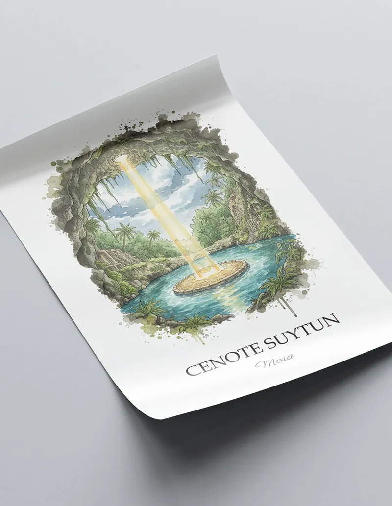 A lovely interior preview showcasing a vintage-vibe travel poster design of the scenic Cenote Suytun in Mexico.