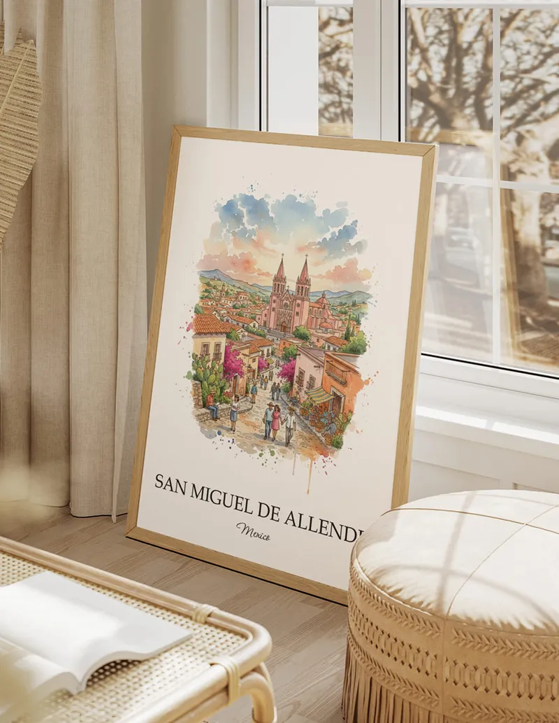 A gorgeous boho-inspired living space with a framed vintage travel poster of San Miguel de Allende in Mexico on display.