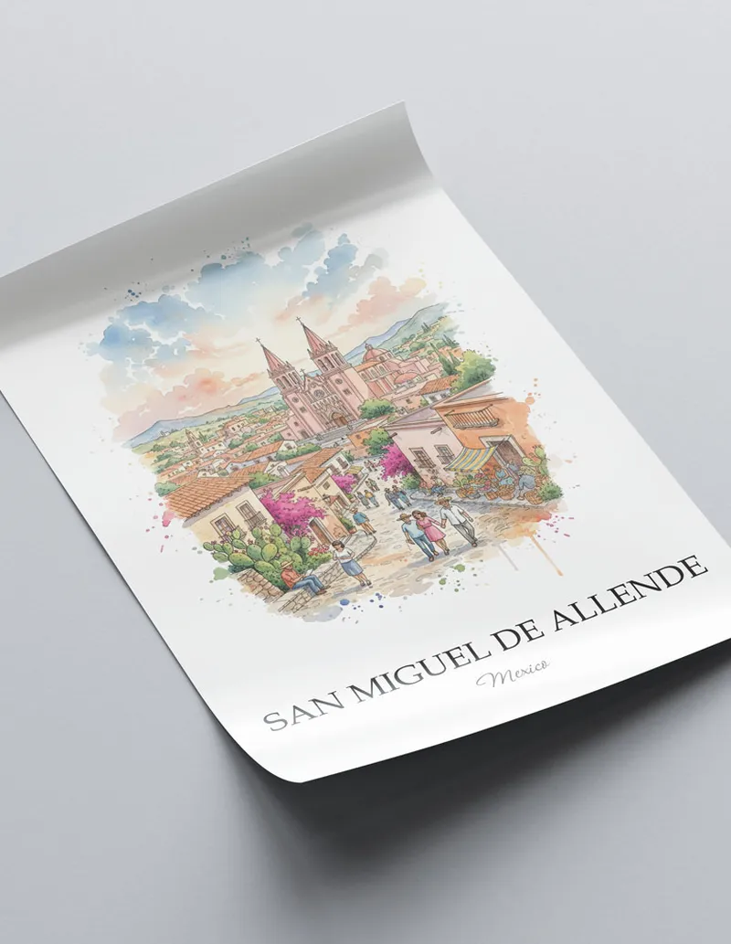 A lovely interior preview showcasing a vintage-vibe travel poster design of the scenic San Miguel de Allende in Mexico.