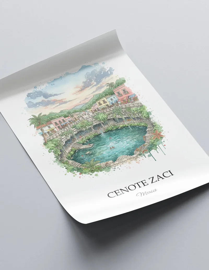 A lovely interior preview showcasing a vintage-vibe travel poster design of the scenic Cenote Zaci in Mexico.