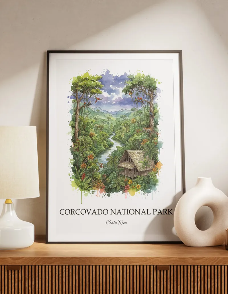 Vintage travel poster of Corcovado National Park, Costa Rica in a light frame displayed above a sofa in a bright boho interior.