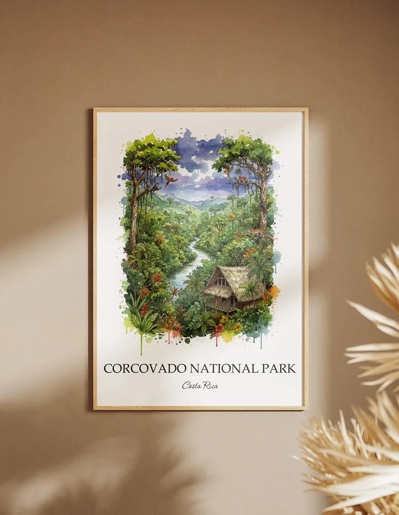 Minimalist poster of Corcovado National Park in Costa Rica in a light frame standing on the floor in a dark moody interior.