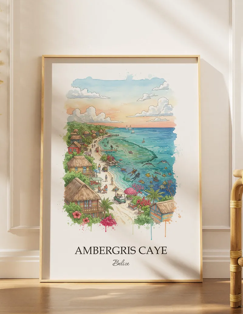 Minimalist poster of Ambergris Caye in Belize in a light frame standing by a window in a boho style room.