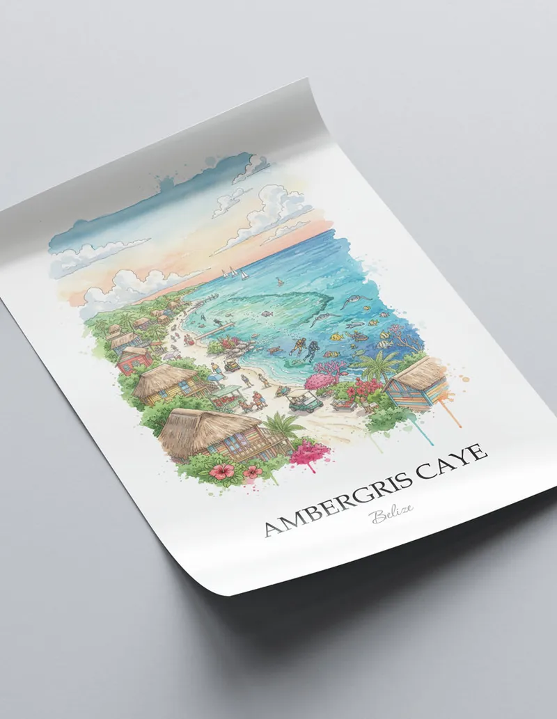 A lovely interior preview showcasing a vintage-vibe travel poster design of the scenic Ambergris Caye in Belize.