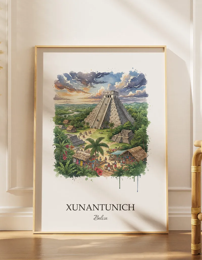 Minimalist poster of Xunantunich in Belize in a light frame standing by a window in a boho style room.
