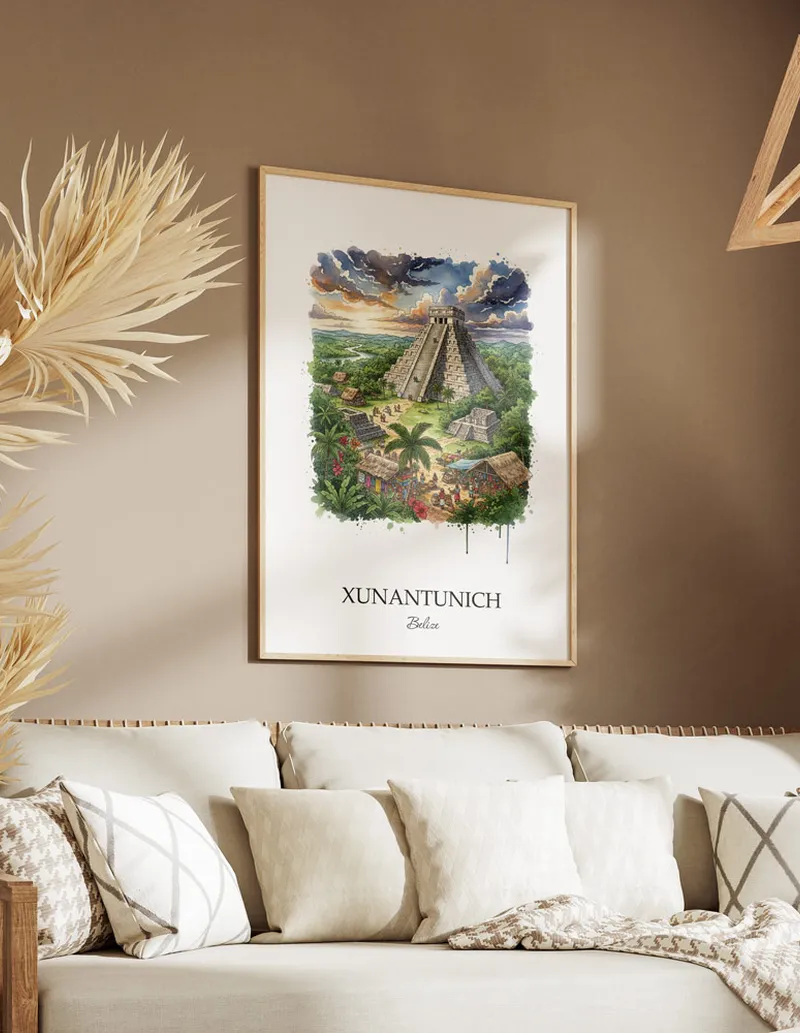 A clean and modern mockup showing a framed Xunantunich, Belize print on a minimalist background.