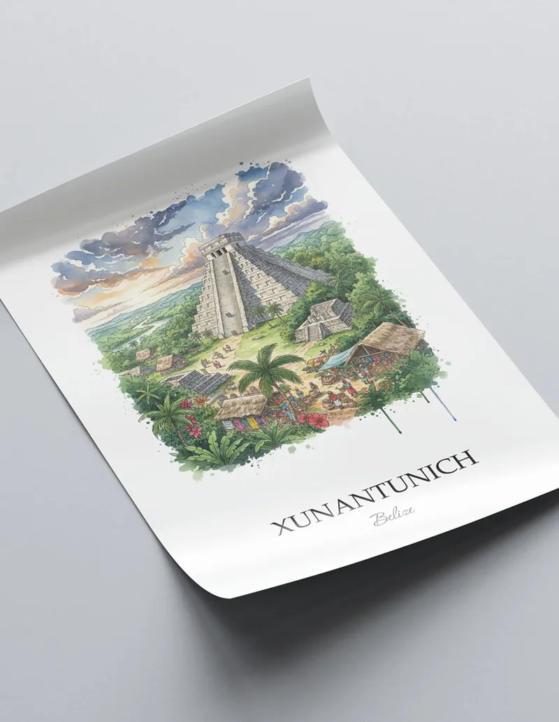 A lovely interior preview showcasing a vintage-vibe travel poster design of the scenic Xunantunich in Belize.
