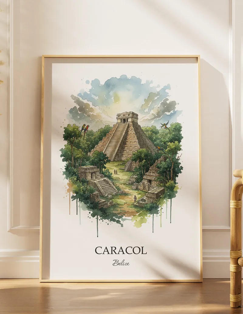 Minimalist poster of Caracol in Belize in a light frame standing by a window in a boho style room.