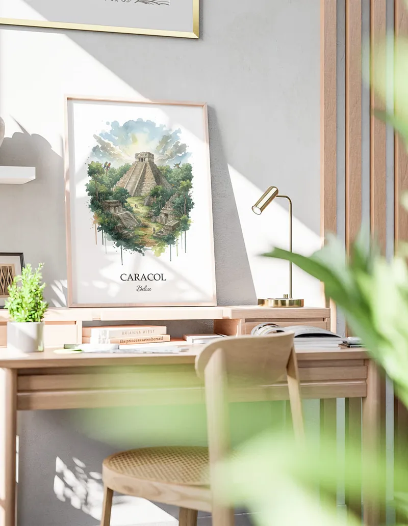 Framed wall art featuring Caracol in Belize in a light wood frame leaning on the floor.