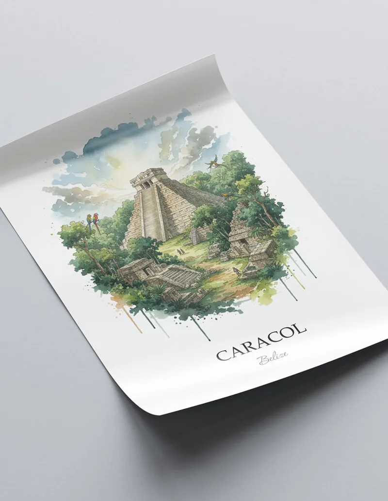A lovely interior preview showcasing a vintage-vibe travel poster design of the scenic Caracol in Belize.