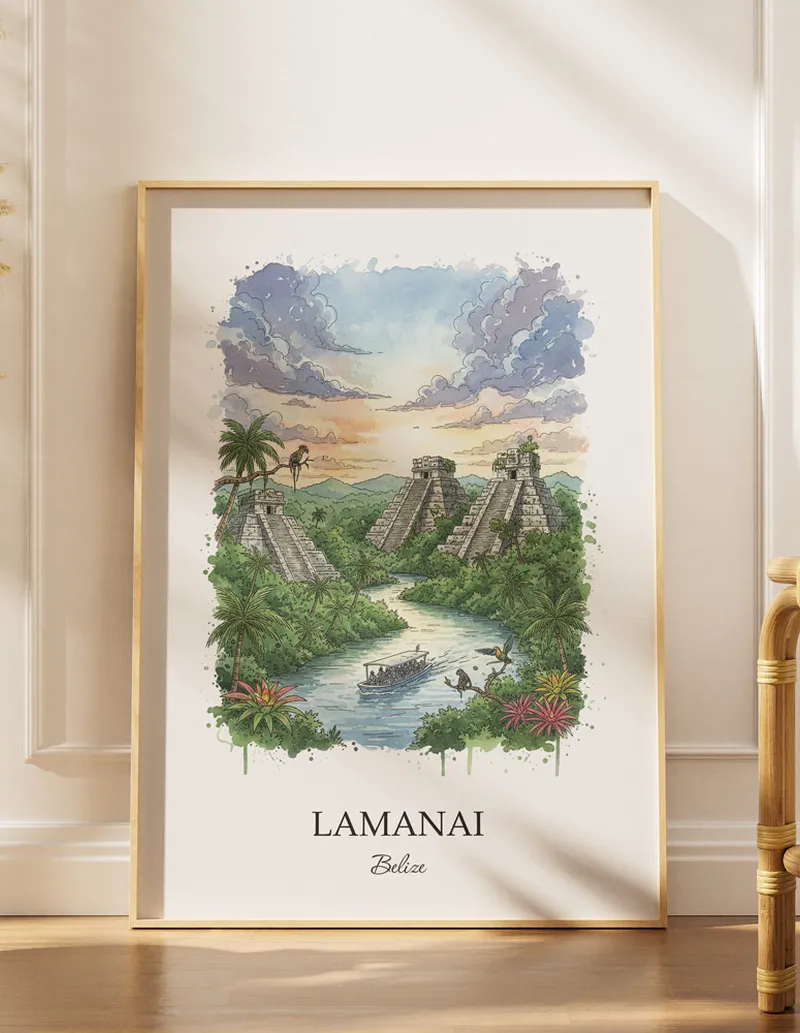Minimalist poster of Lamanai in Belize in a light frame standing by a window in a boho style room.