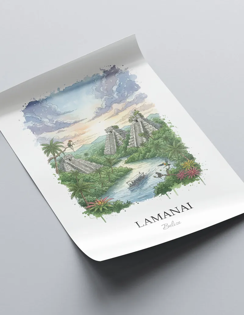 A lovely interior preview showcasing a vintage-vibe travel poster design of the scenic Lamanai in Belize.