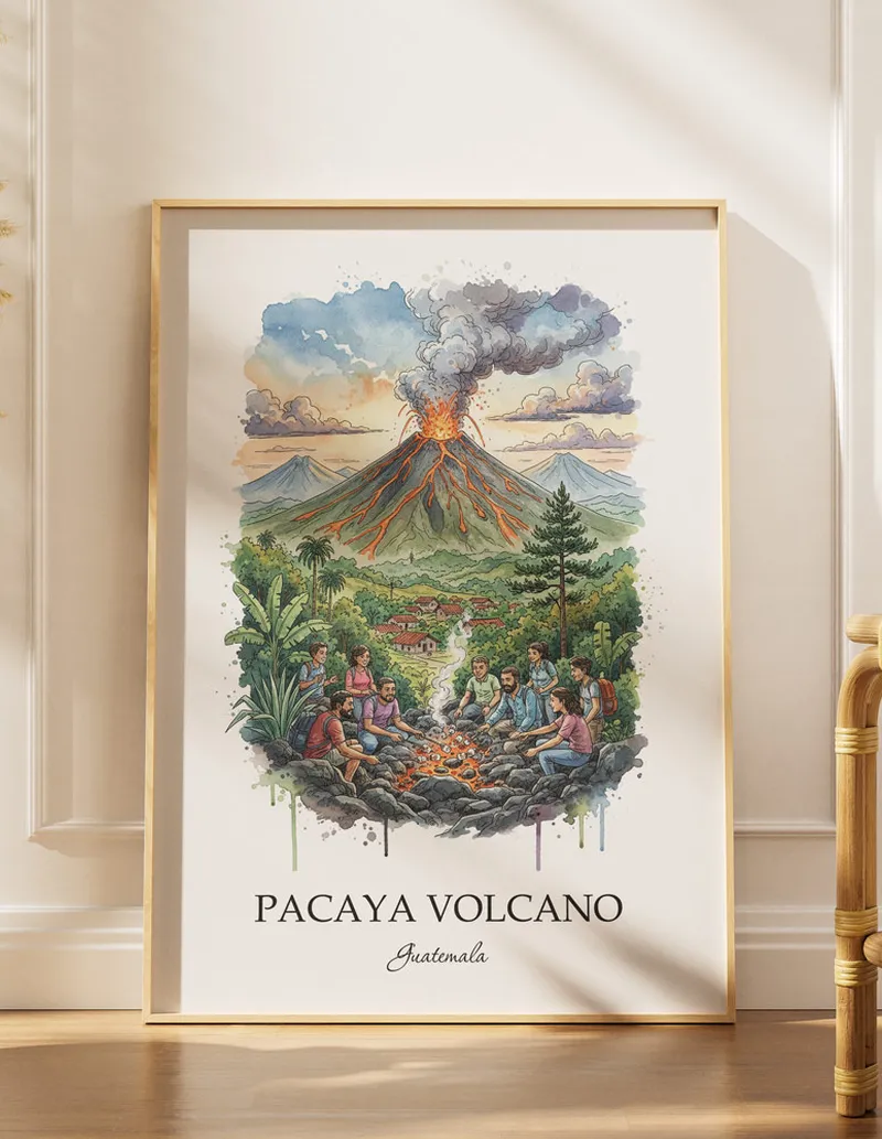 Minimalist poster of Pacaya Volcano in Guatemala in a light frame standing by a window in a boho style room.