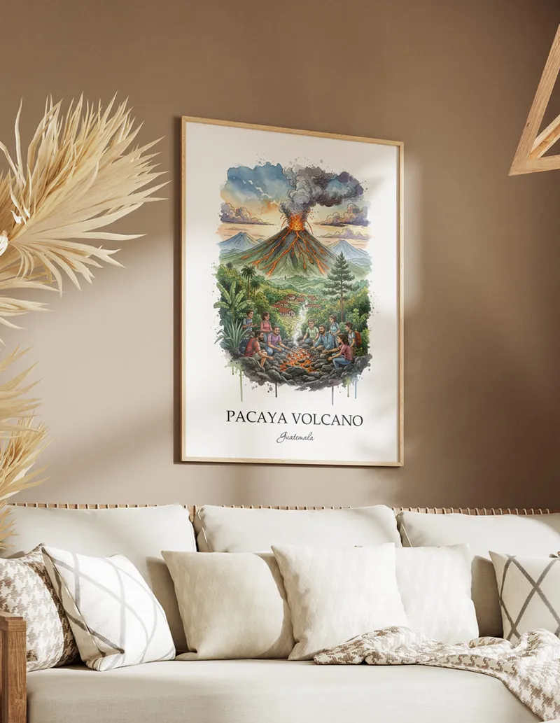 A clean and modern mockup showing a framed Pacaya Volcano, Guatemala print on a minimalist background.