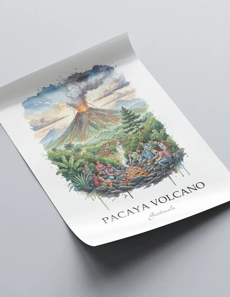 A lovely interior preview showcasing a vintage-vibe travel poster design of the scenic Pacaya Volcano in Guatemala.