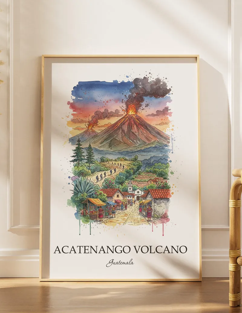 Minimalist poster of Acatenango Volcano in Guatemala in a light frame standing by a window in a boho style room.
