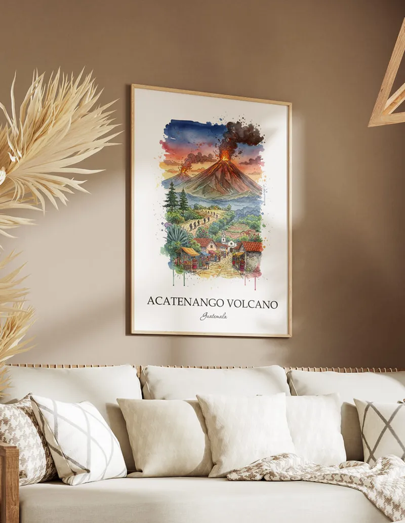 A clean and modern mockup showing a framed Acatenango Volcano, Guatemala print on a minimalist background.