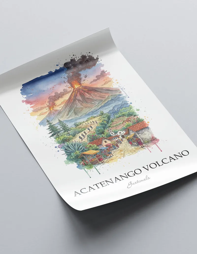 A lovely interior preview showcasing a vintage-vibe travel poster design of the scenic Acatenango Volcano in Guatemala.