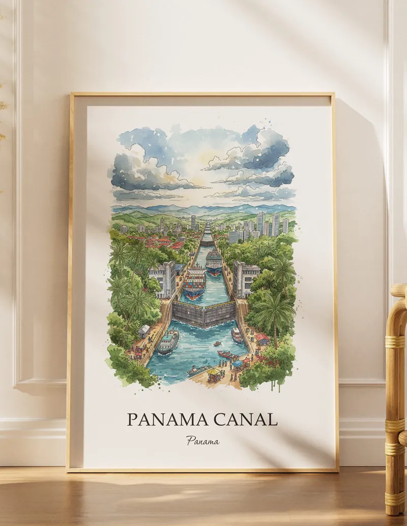 Minimalist poster of Panama Canal in Panama in a light frame standing by a window in a boho style room.