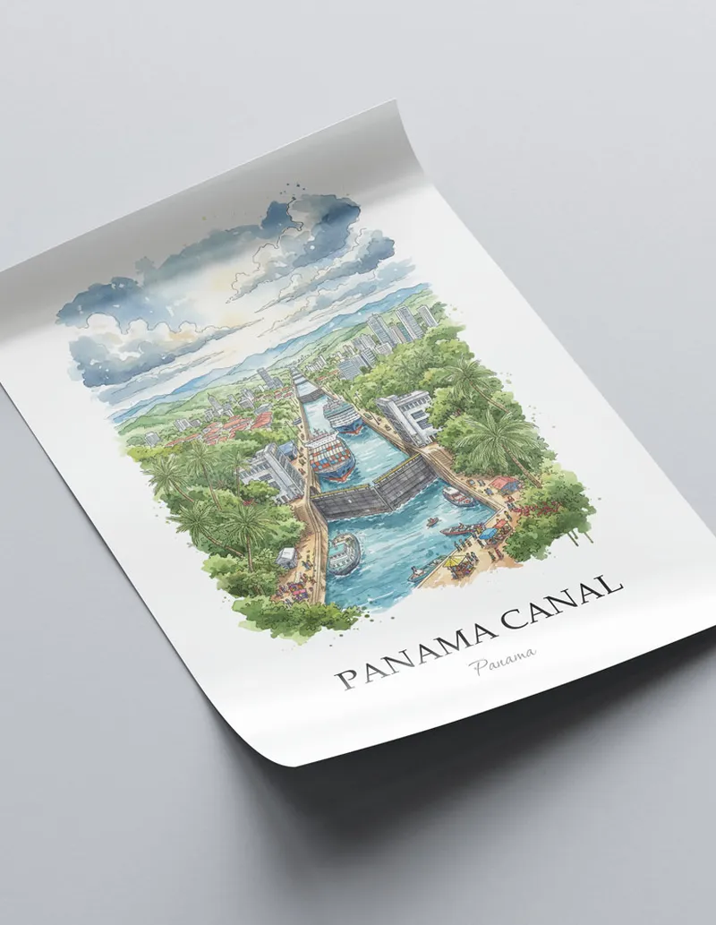 A lovely interior preview showcasing a vintage-vibe travel poster design of the scenic Panama Canal in Panama.