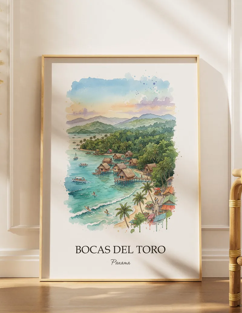 Minimalist poster of Bocas del Toro in Panama in a light frame standing by a window in a boho style room.