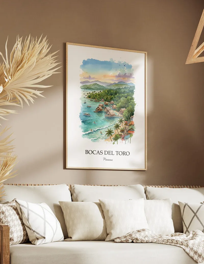 A clean and modern mockup showing a framed Bocas del Toro, Panama print on a minimalist background.
