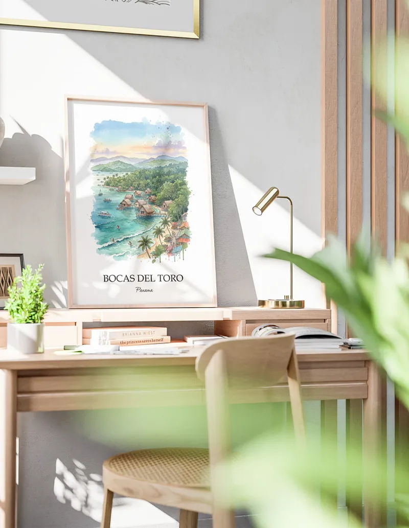 Framed wall art featuring Bocas del Toro in Panama in a light wood frame leaning on the floor.