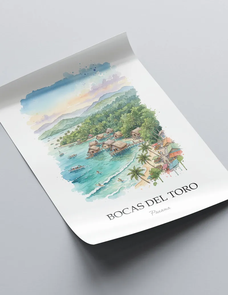 A lovely interior preview showcasing a vintage-vibe travel poster design of the scenic Bocas del Toro in Panama.