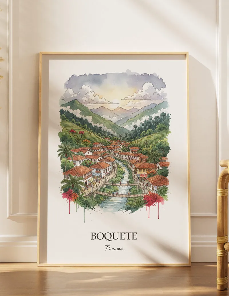 Minimalist poster of Boquete in Panama in a light frame standing by a window in a boho style room.