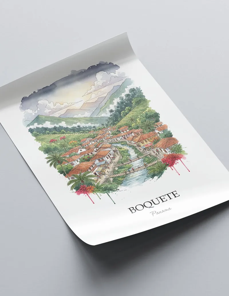 A lovely interior preview showcasing a vintage-vibe travel poster design of the scenic Boquete in Panama.