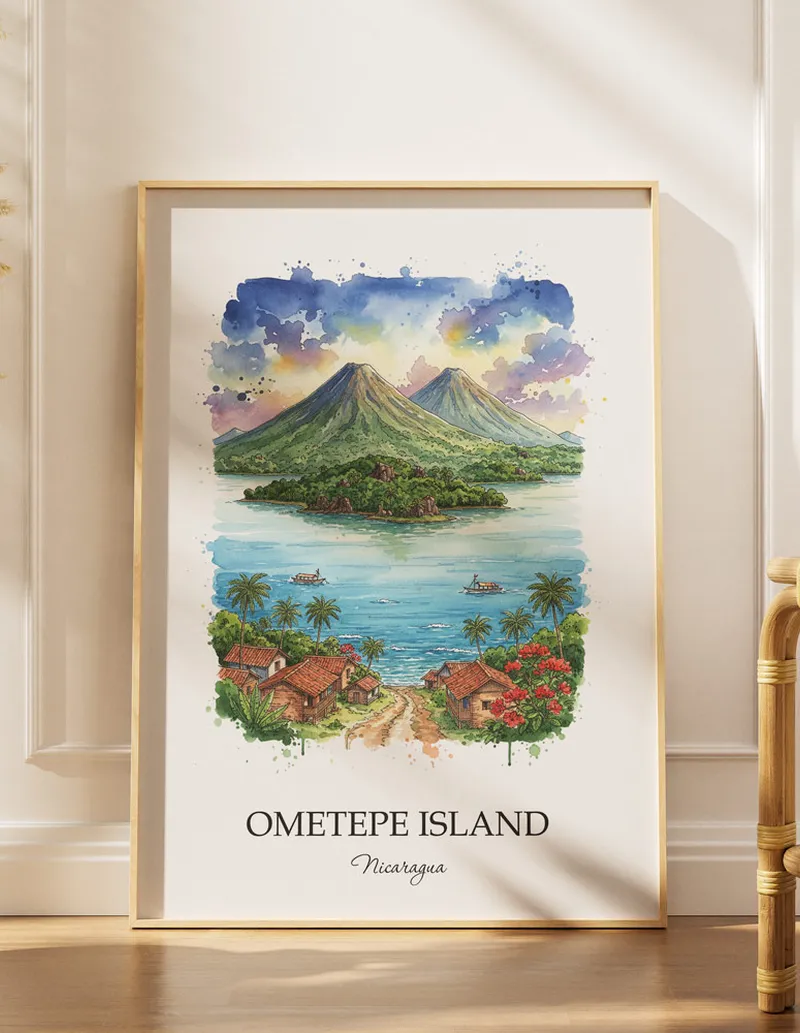 Minimalist poster of Ometepe Island in Nicaragua in a light frame standing by a window in a boho style room.