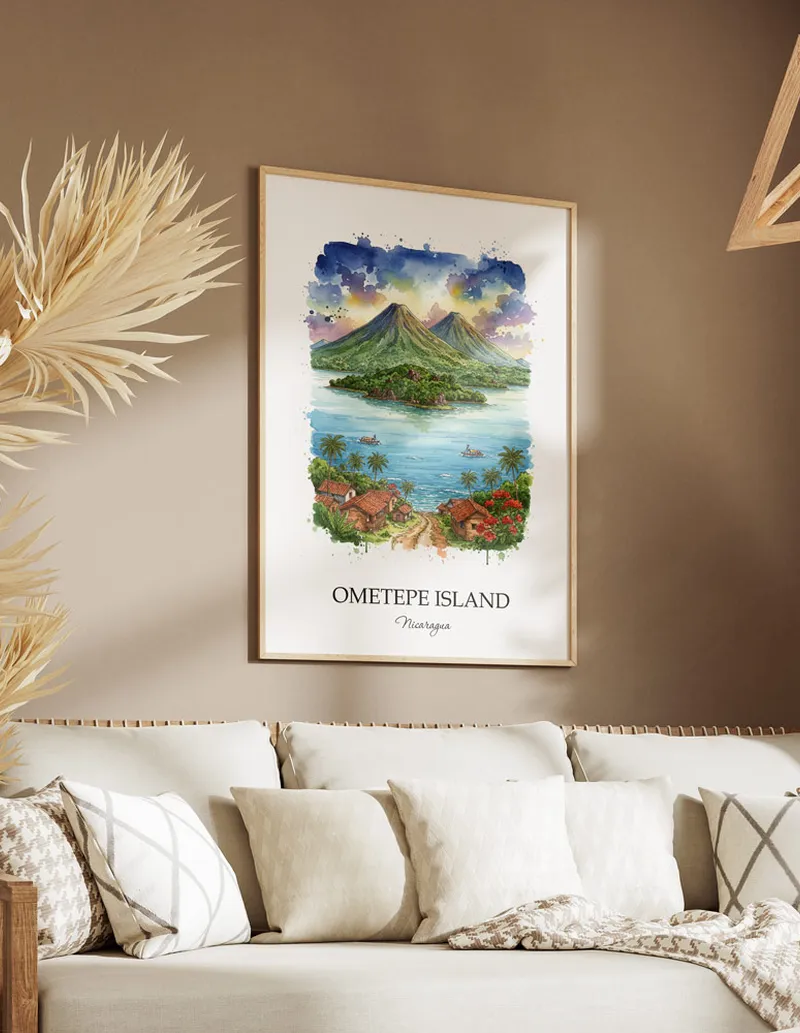 A clean and modern mockup showing a framed Ometepe Island, Nicaragua print on a minimalist background.