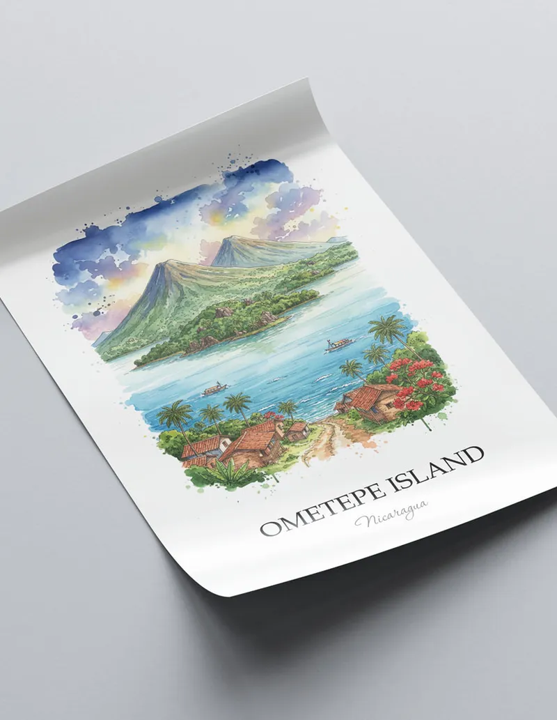 A lovely interior preview showcasing a vintage-vibe travel poster design of the scenic Ometepe Island in Nicaragua.