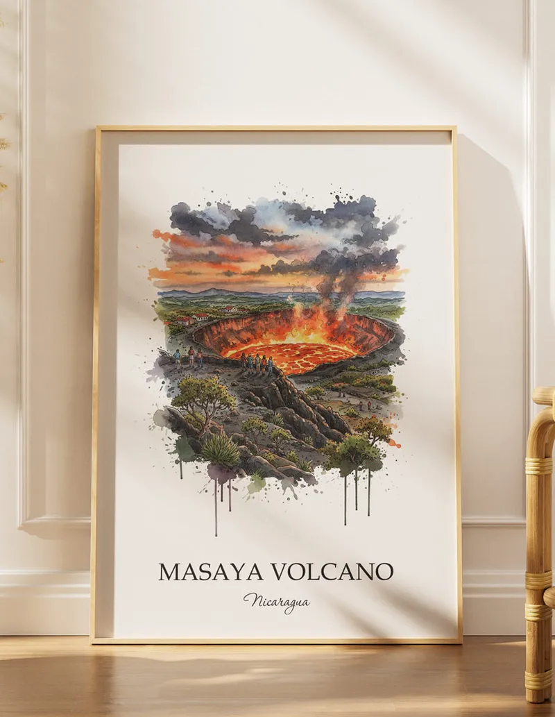 Minimalist poster of Masaya Volcano in Nicaragua in a light frame standing by a window in a boho style room.