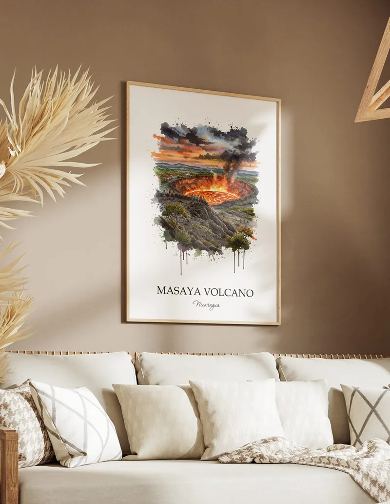 A clean and modern mockup showing a framed Masaya Volcano, Nicaragua print on a minimalist background.