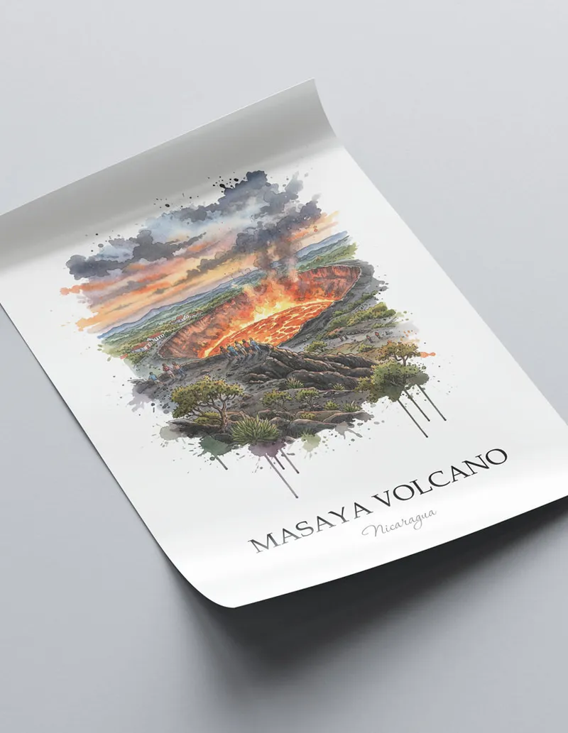 A lovely interior preview showcasing a vintage-vibe travel poster design of the scenic Masaya Volcano in Nicaragua.
