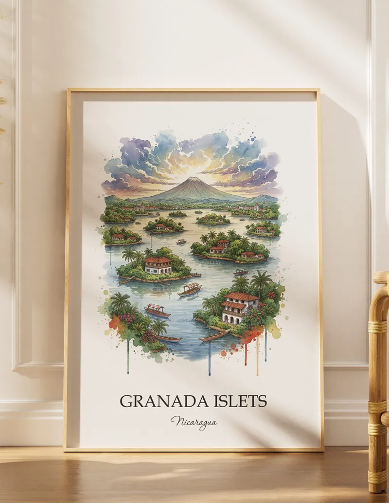Minimalist poster of Granada Islets in Nicaragua in a light frame standing by a window in a boho style room.